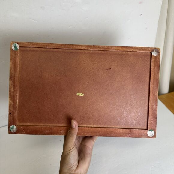 Vtg Wooden Jewelry Box Dark Floral Fabric Top Pink Felt Interior‎ Mirror In Lid - Picture 11 of 11